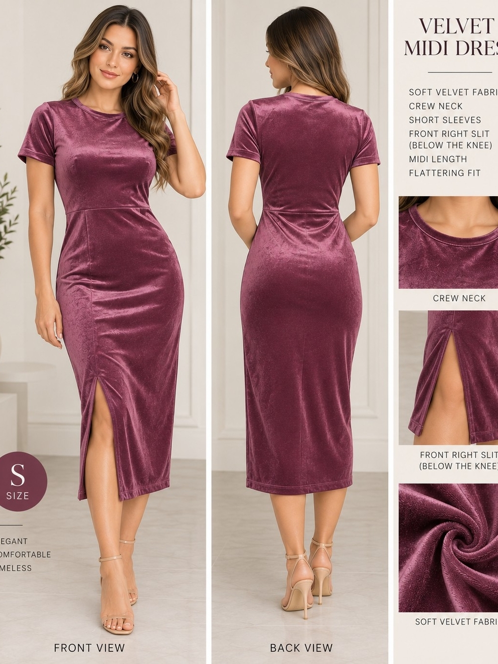 Zara Plum Velvet Midi Dress with Short Sleeves